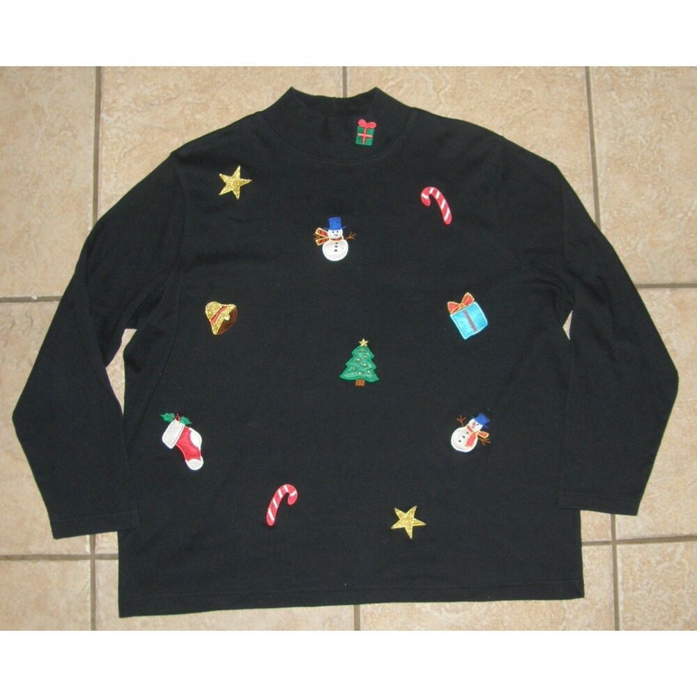 Embroidered Christmas Print Plus Sz 1X Black Soft Stretchy Holiday Mock Neck Top